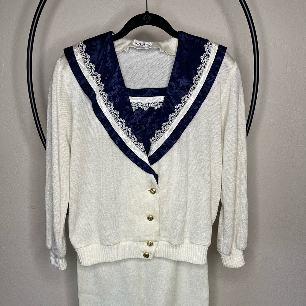 Nilani Vintage Cream and Navy sweater and skirt set. Made in U.S.A